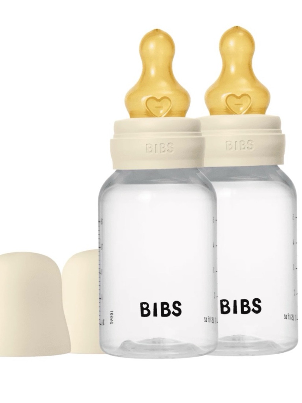 BIBS Baby Glass Bottle, specifically a 110ml/4oz model natural rubber set of two